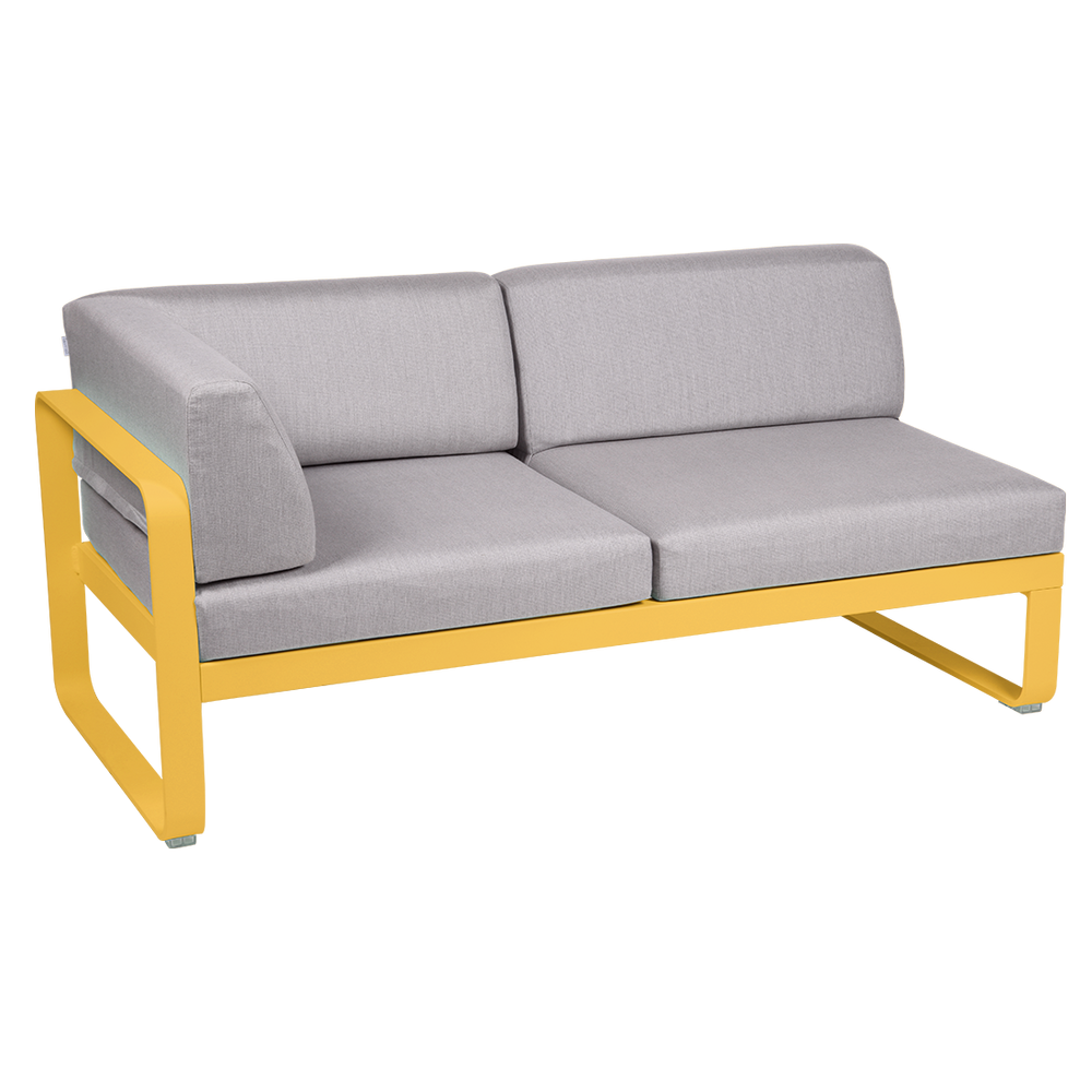 Outdoorsofa Bellevie von Fermob Eckmodul links mit Stoff in Flannelgrau und Gestell in Honig